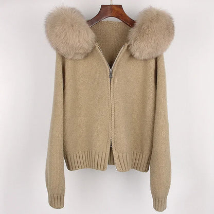 Autumn Winter Casual Hooded Real Fox Fur Collar Short Knitted Jacket