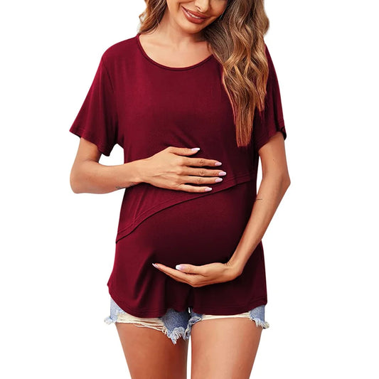 Maternity Short Sleeve Crew Neck Solid Color T Shirt For Breastfeeding