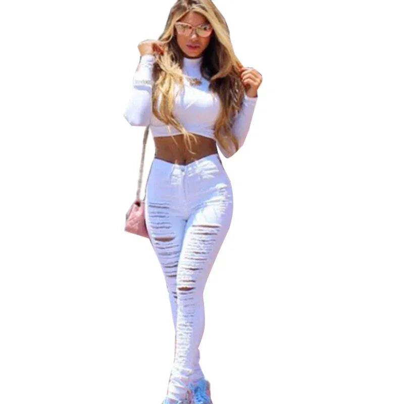 High Waist Ripped Skinny Slim Jeans