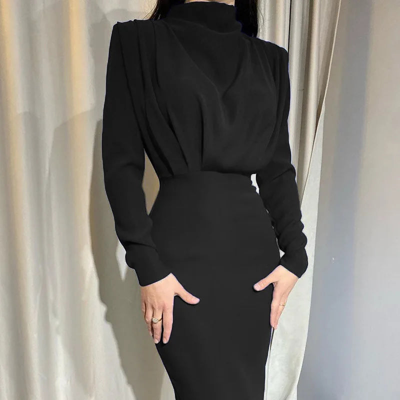 Waist Wrapped Long Sleeves Round Neck Dress