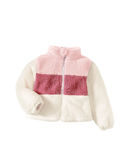 2-8 Years Kids Girl Plush Overcoat Long Sleeves Lapel Zippered Coat