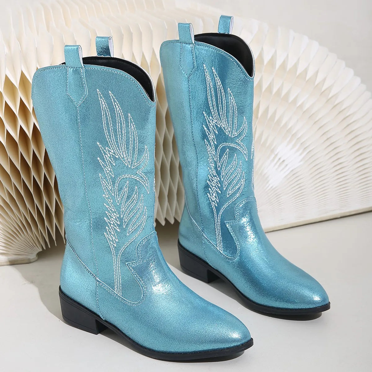 Gold Mid-calf Silver Western Cowboy Plus Size 36-43 Boots