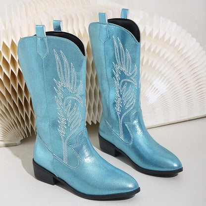 Gold Mid-calf Silver Western Cowboy Plus Size 36-43 Boots