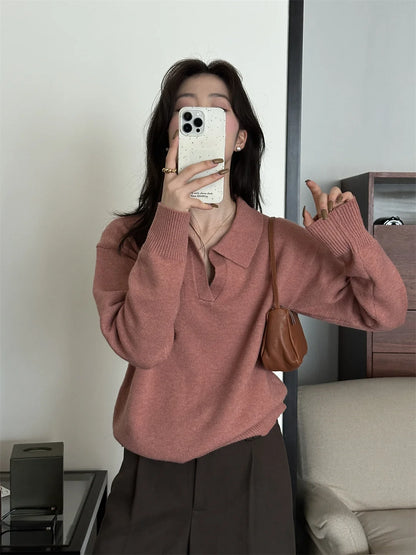 Knitted Long Sleeve Turn Down Collar Knit Sweater Pullover