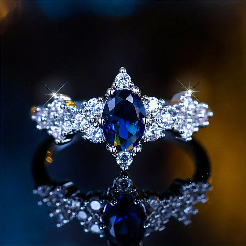 Cute Blue Oval Zircon Stone Vintage Silver Rings