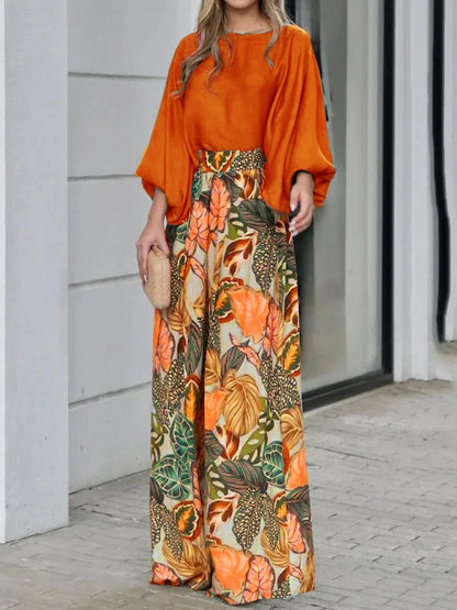 Autumn Solid Long Sleeve T-shirts & Digital Print Wide Leg Pants Set