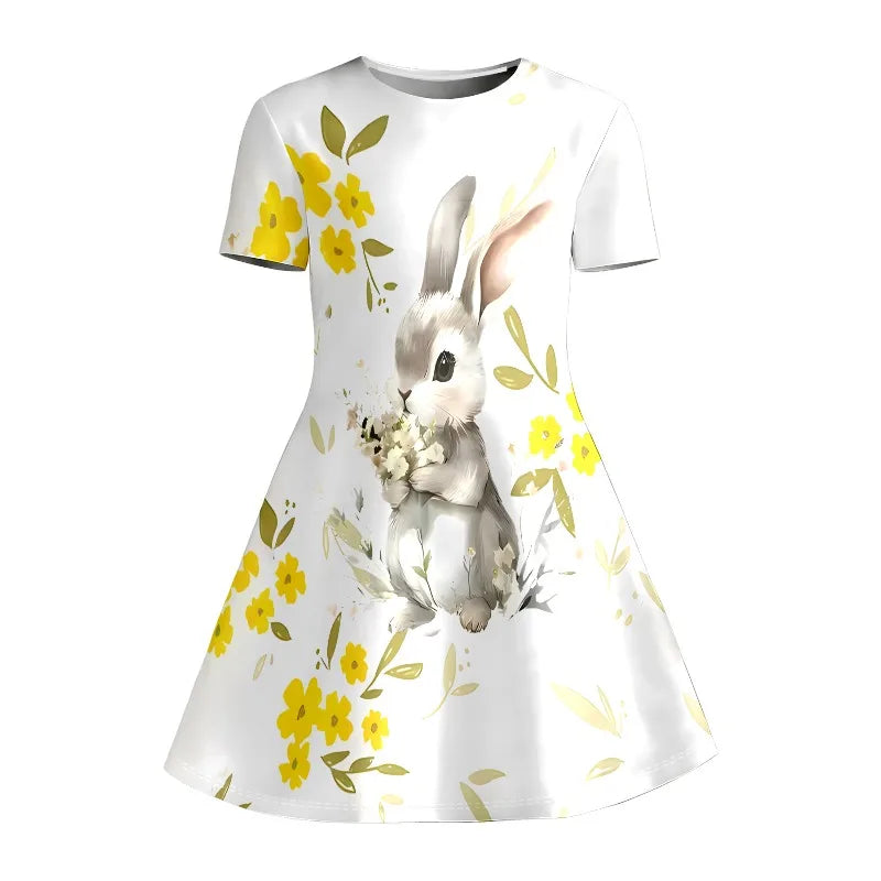 Watercolor Rabbit Leopard Heart Kpop Short Sleeve Swing Dress