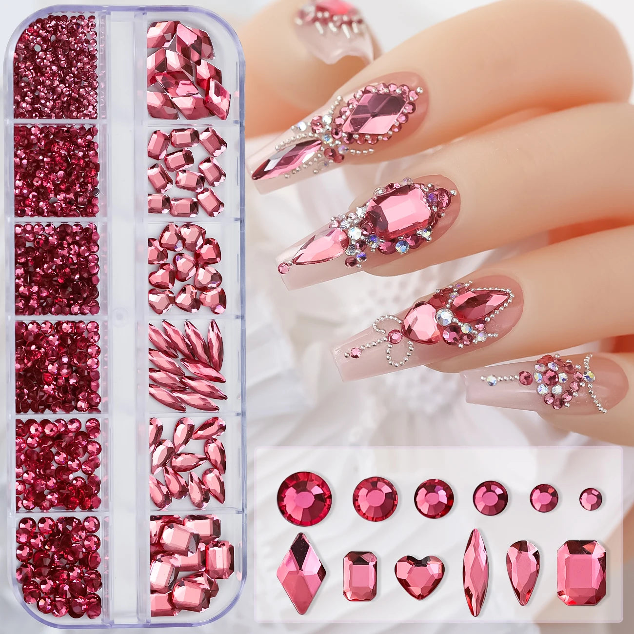 12Gird 3D Glass AB Crystal Nail Art Rhinestones Kit