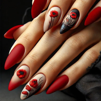 24pcs/Box Long Coffin False Nails Art Rose with Glue Wearable Jelly Nails