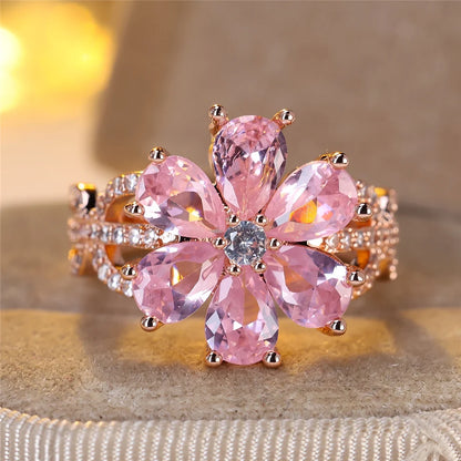 Vintage Pink Crystal Cute Rose Gold Flower Rings