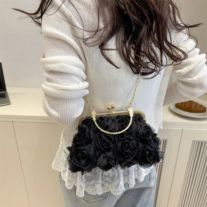 Luxury Chain Shoulder Chiffon 3D Flower Banquet Bag