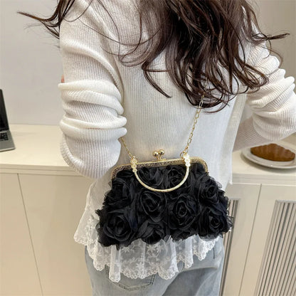 Luxury Chain Shoulder Chiffon 3D Flower Banquet Bag