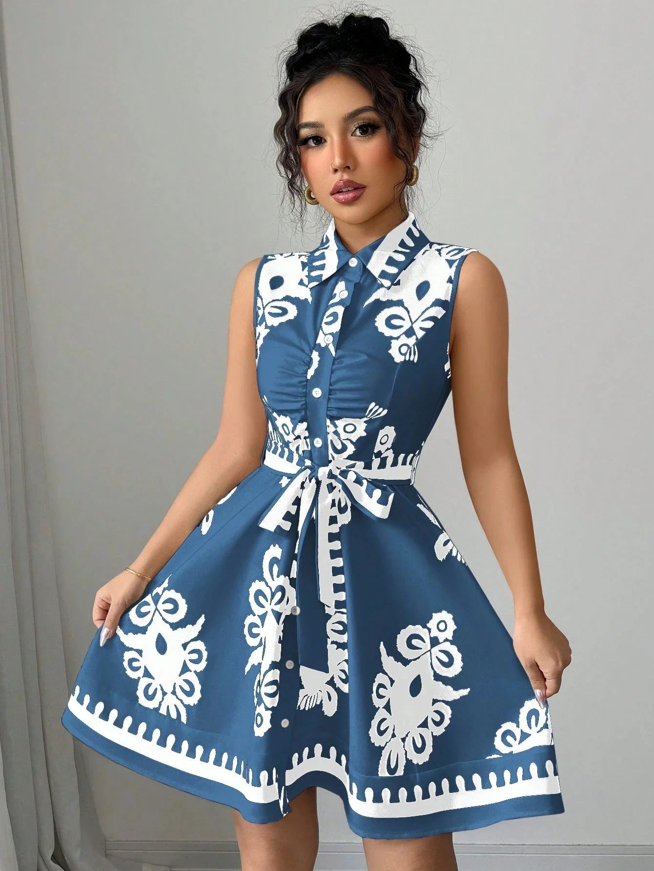 Strapless Floral Print Belted Waist Dress