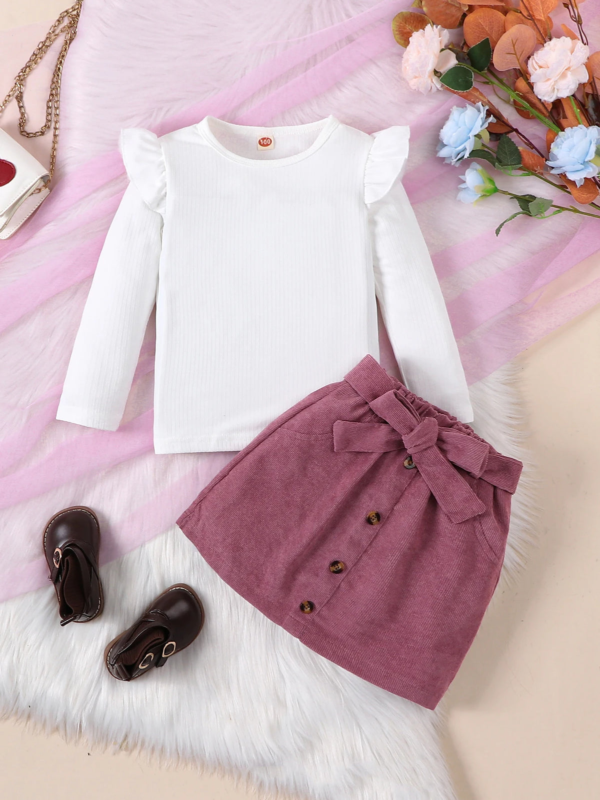 Spring and Autumn White Striped Round Neck Long Sleeved Set