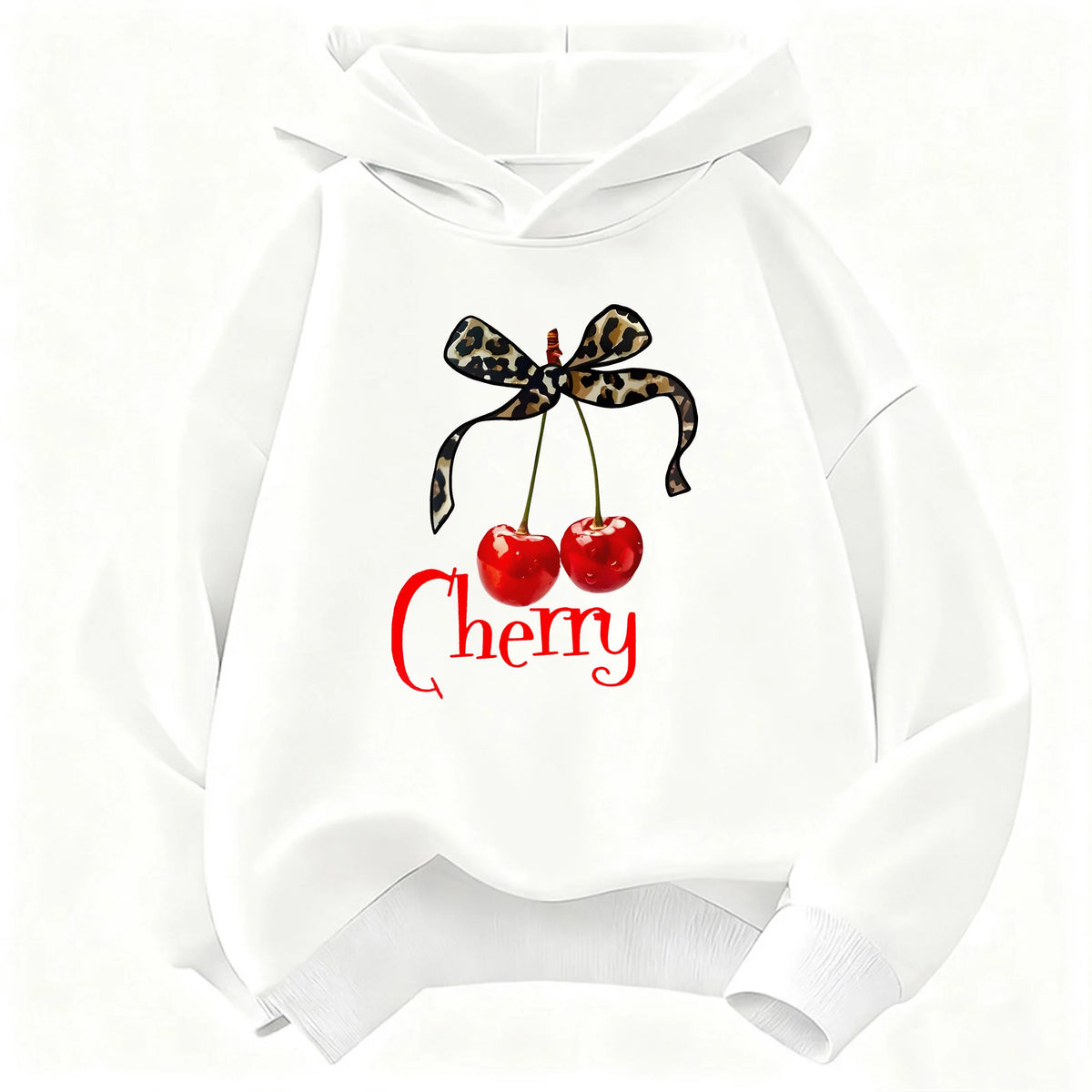 Leopard Bow with Cherry Print Hoodie Sweatshirt Y2k Hoody