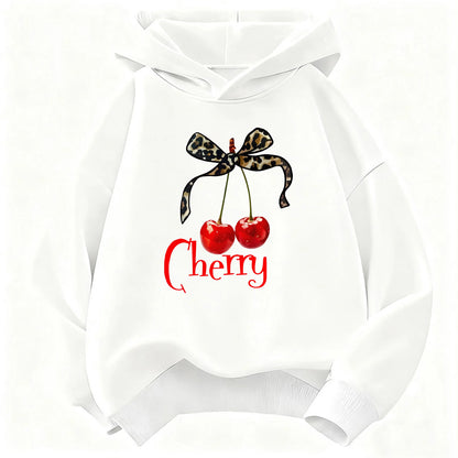 Leopard Bow with Cherry Print Hoodie Sweatshirt Y2k Hoody