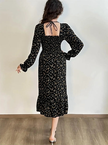 Long Sleeve Casual Chiffon Floral Elastic Chest Lace Up Midi Dress
