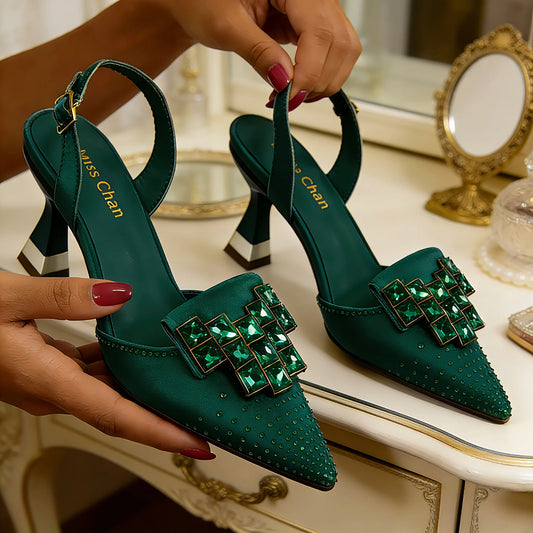 Venus Chan Elegant Green Slingback Heels with Rhinestones Shoes