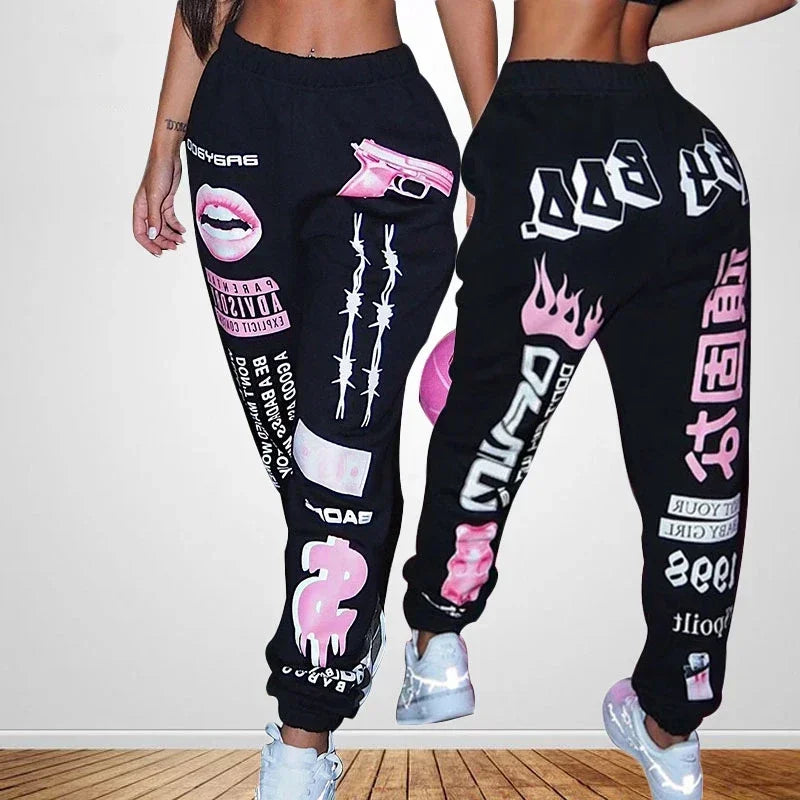 Printed Elastic Waist Sports Casual Pants