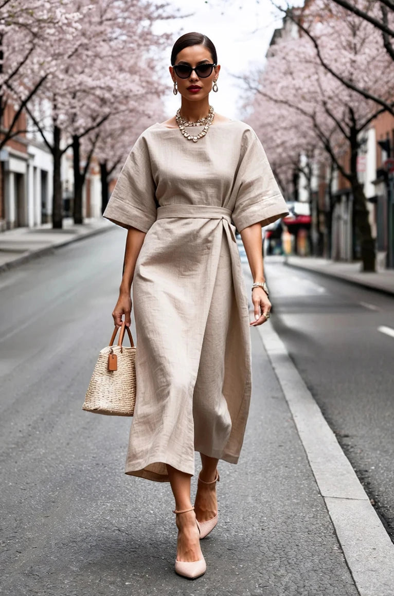 Elegant Boat Neck Half Sleeve Wrap Midi Dress