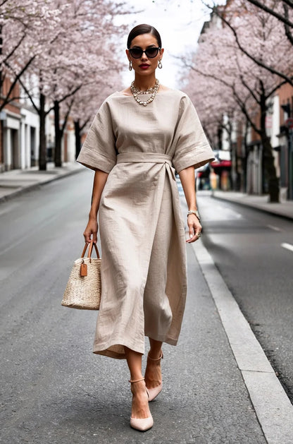 Elegant Boat Neck Half Sleeve Wrap Midi Dress
