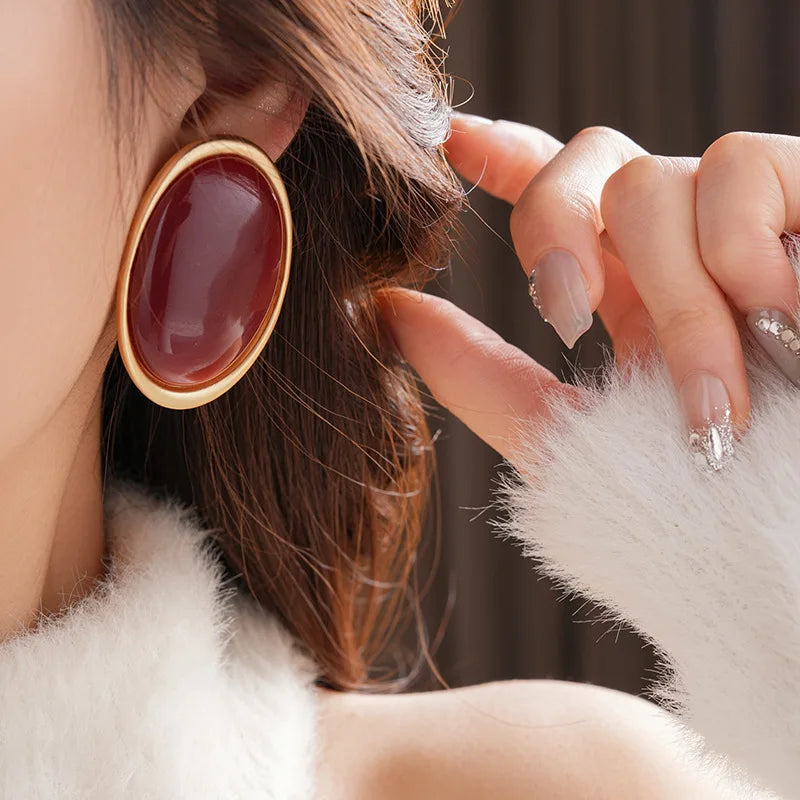 Vintage Red Resin Stud large Geometric Oval earrings
