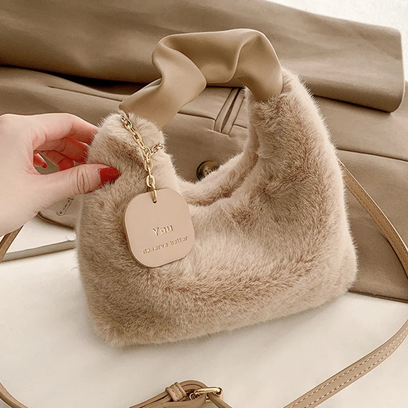 Faux Fur Plush Ruched Handle Small Shoulder Crossbody Bag