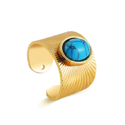 Creative Gold Plated Stainless Steel Simple Geometric Round Natural Stone Ring