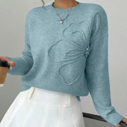 Slimming Effect Knitted Pure Color Floral Print Full Sleeve  Pullover Sweater