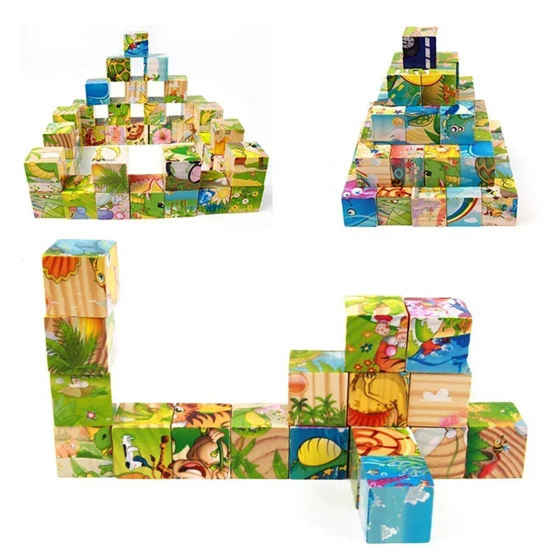 3D cube Wooden puzzle nine pieces six-sided wooden block tray