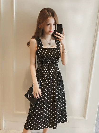 Long Vintage Dots Casual Ruffles Elegant Maxi Strap Camis Silky Dress