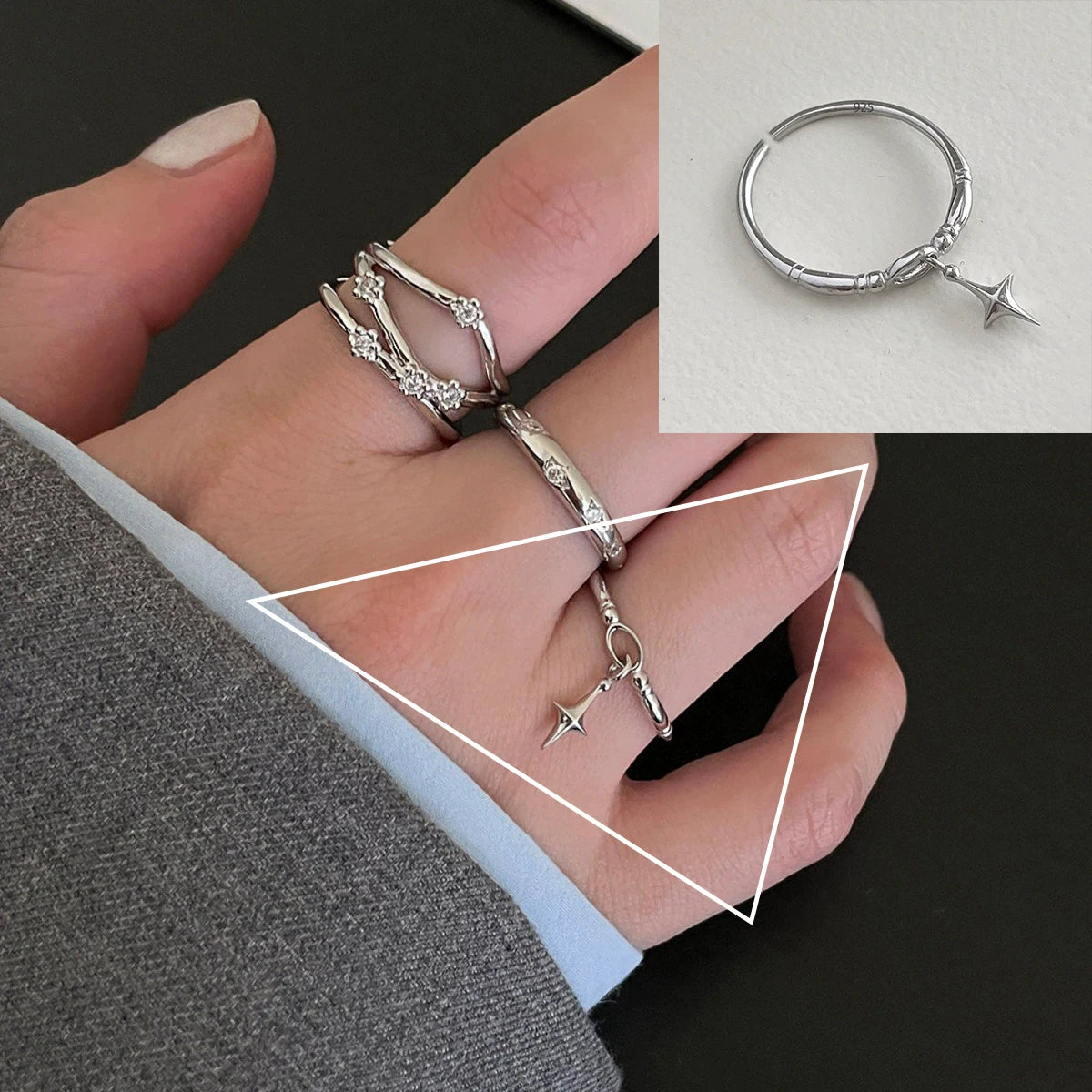 925 Sterling Silver Retro Hollow Wave Punk Hiphop Bohemia Rings