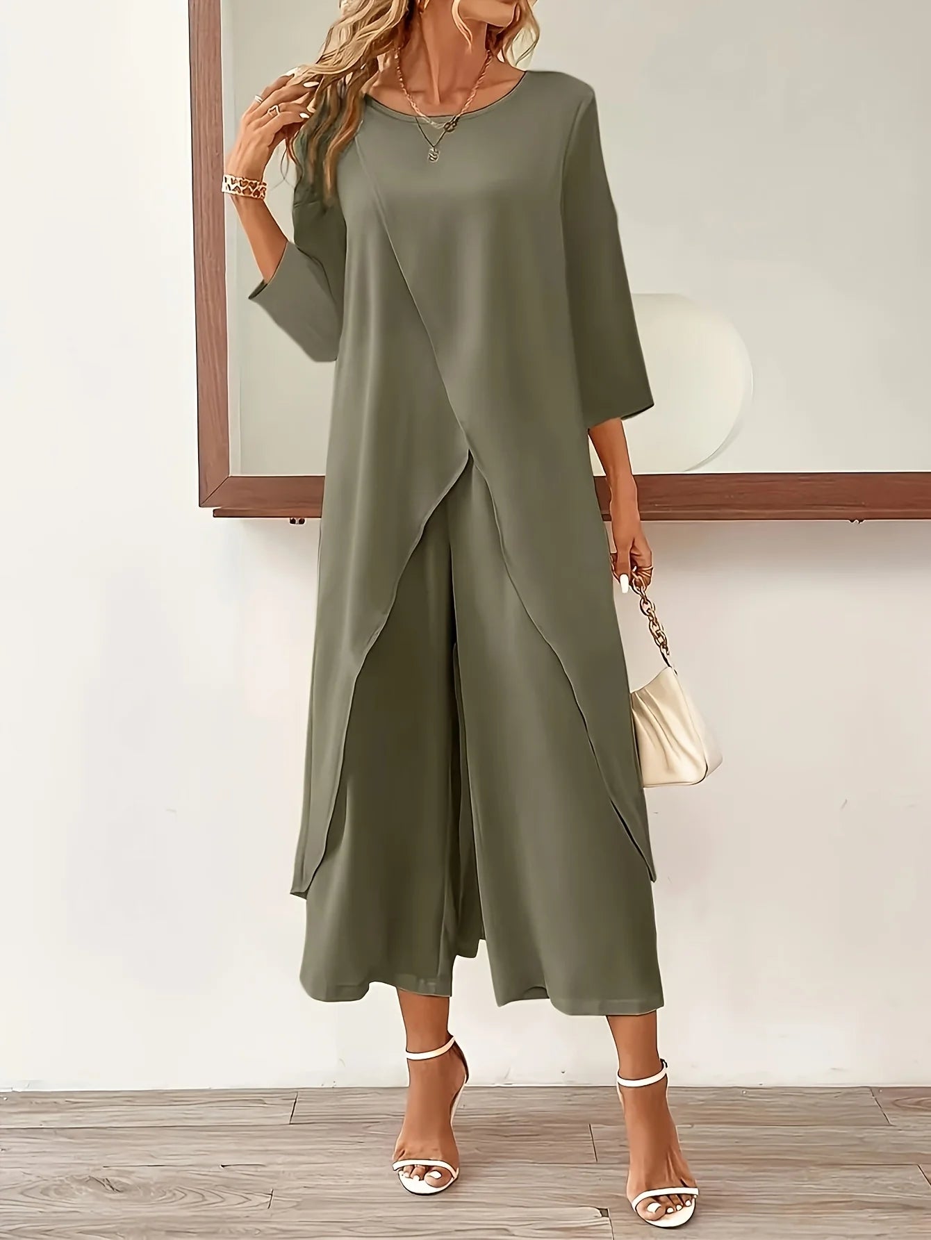 Plus Size Casual Round Neck Long Sleeved Slit Wide Leg Pants Set