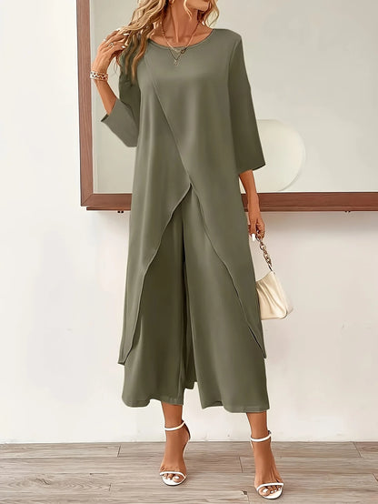 Plus Size Casual Round Neck Long Sleeved Slit Wide Leg Pants Set