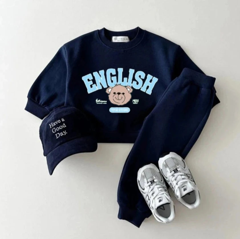 Soft Cotton Matching Tracksuit Retro English Letter Cartoon Bear Graphics Set