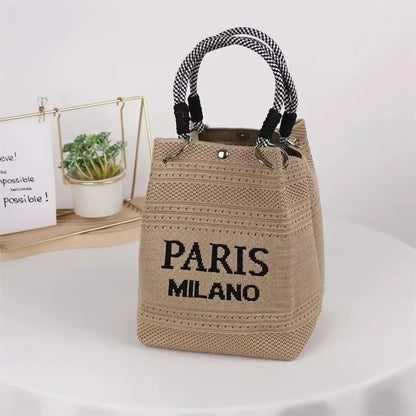 Letter Print Hollow Knit Bucket Lightweight Woven Handbag Small Tote Bag