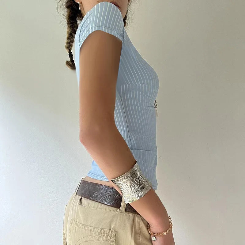 Sweetown Blue Stripe Short Sleeve Shirts