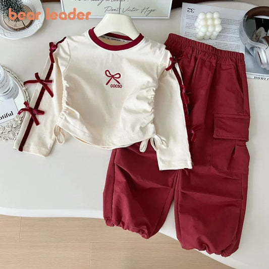 Bear Leader Autumn New Red Sports Bow Letter Top + Work Pants Set
