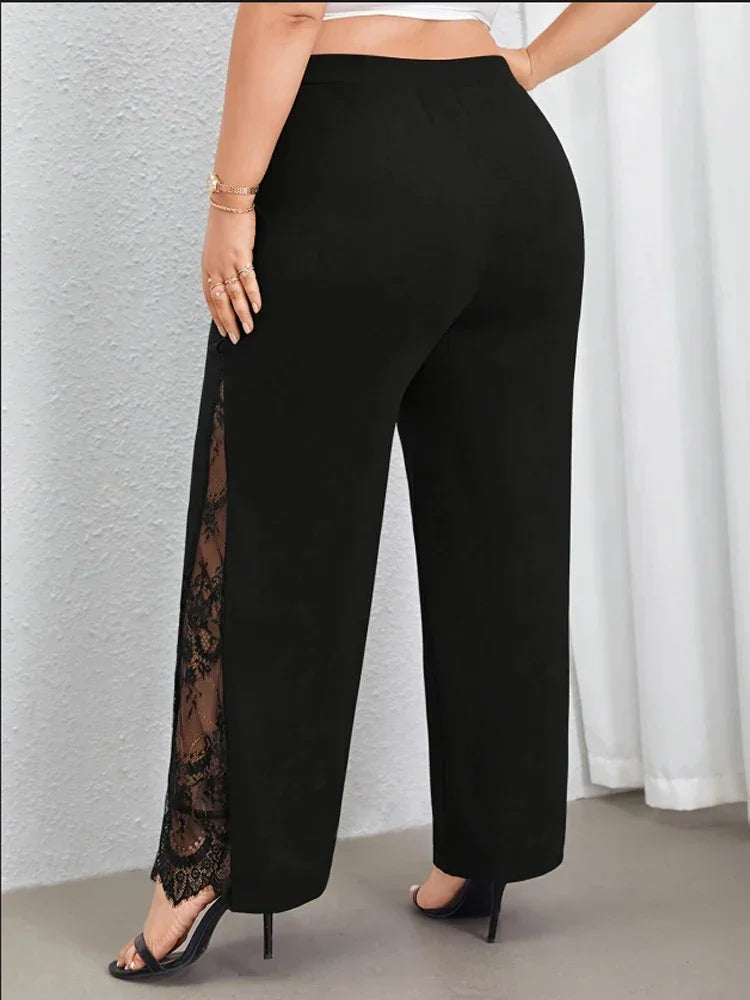 Black split lace elastic waist wide leg pants