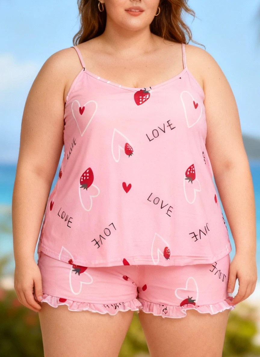 Plus Size Heart Print Cami Shorts Pajama Set