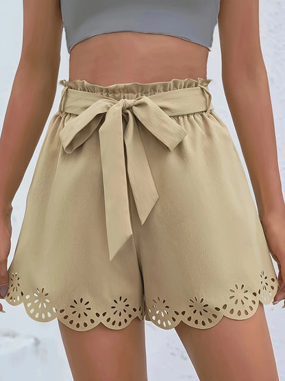 Elegant Wavy Hem Decorative Belt Shorts