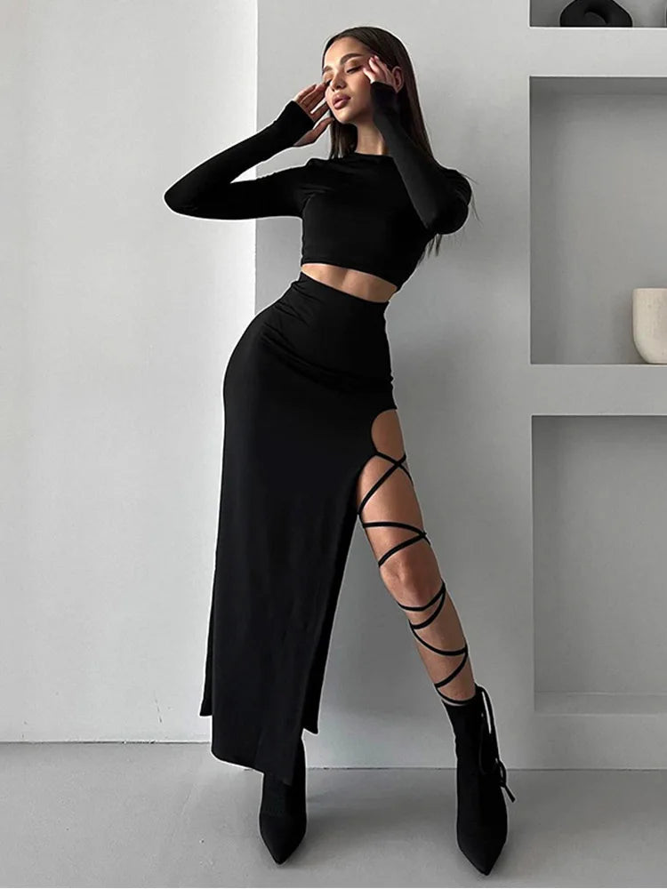 Pullover Long Sleeve Split Legless Sexy Skirt Set