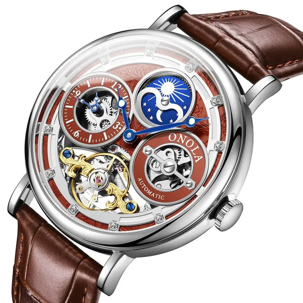 Automatic Movement Dual Time Zone Moon Phase Waterproof Tourbillon Mechanical Watch