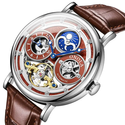 Automatic Movement Dual Time Zone Moon Phase Waterproof Tourbillon Mechanical Watch