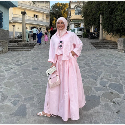 Single-breasted Full Sleeve Blouses Loose Long Skirt Set