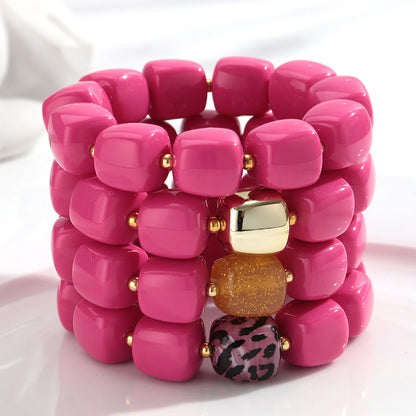 Pink Square Breaded Elastic Resin Geometric Beads Stretch Cuff Bangle Bracelets