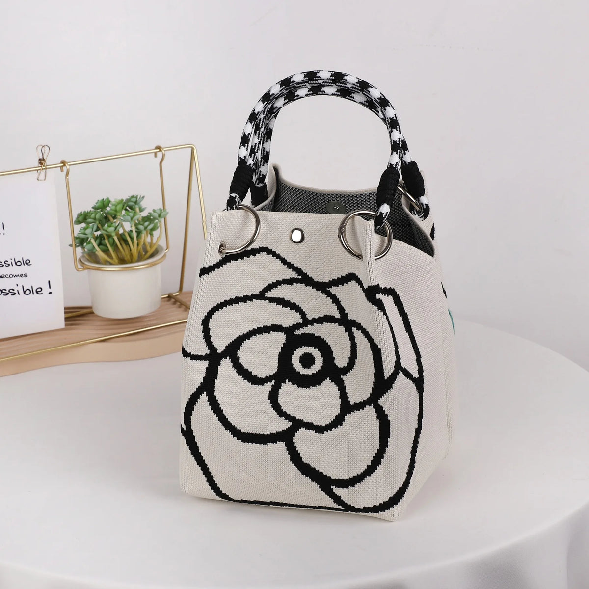 Geometric Mini Tote Black Ivory Graphic Ring Handle Korean Style Bags