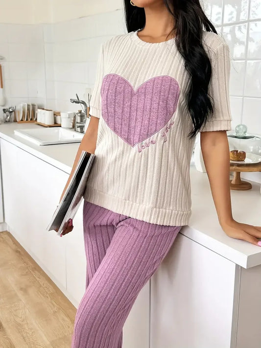 Heart Print Round Neck Short Sleeve Pyjama set