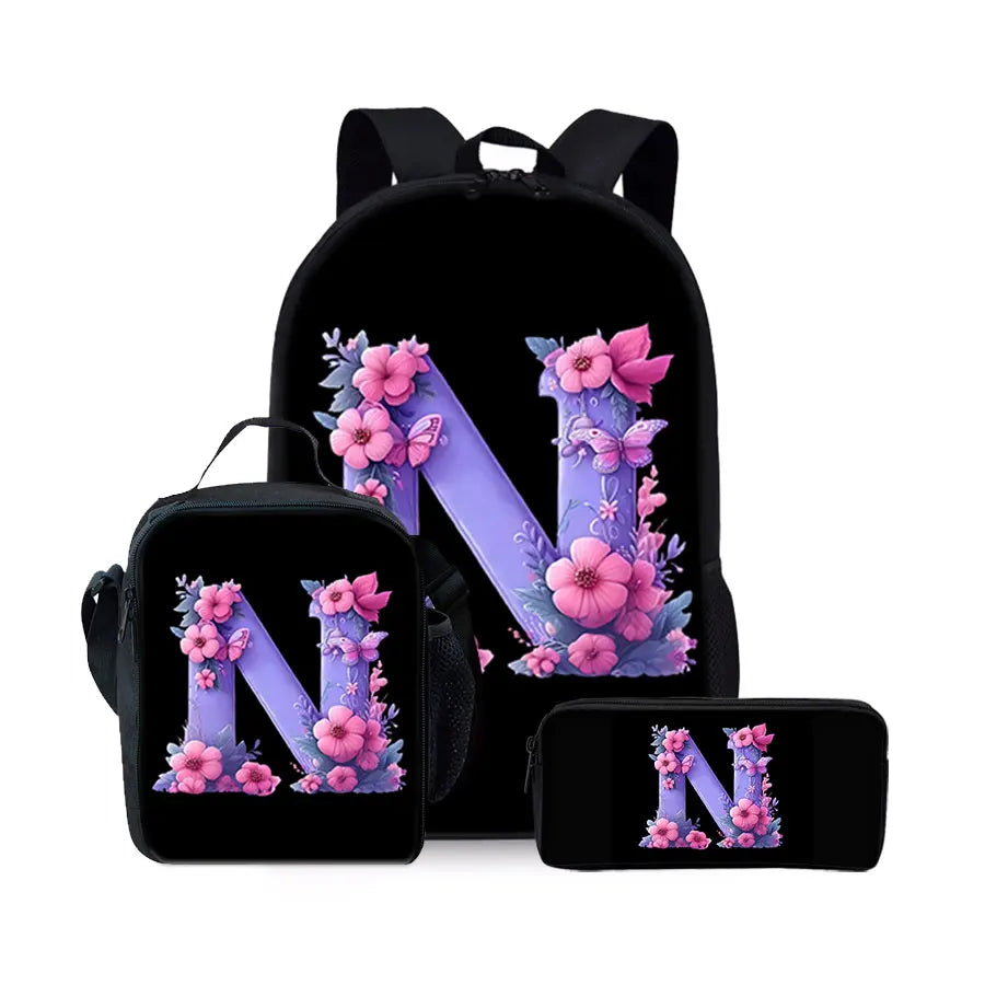 English Alphabet Pattern 2D Flat Cartoon School Backpack Three Piece Set