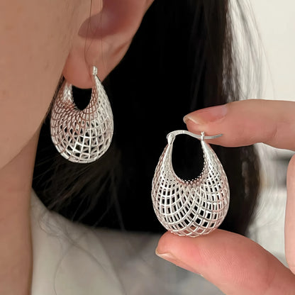 925 Sterling Silver Frosting Hoop Crossing Line Hollow Out Earrings